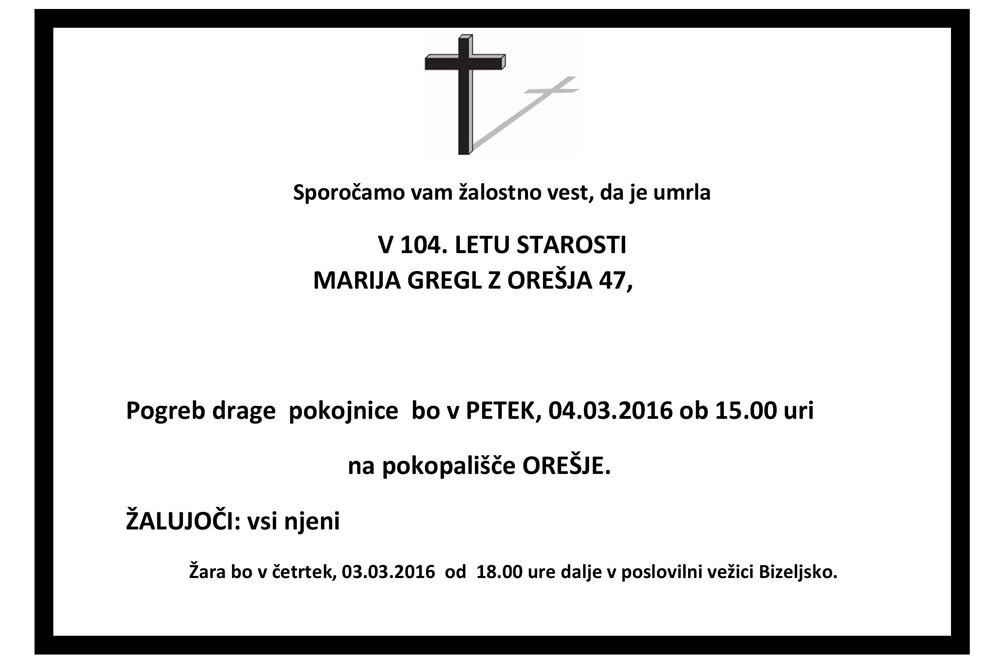 Osmrtnica Marija Gregl