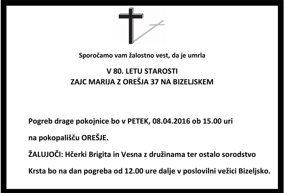Osmrtnica Marija Zajc